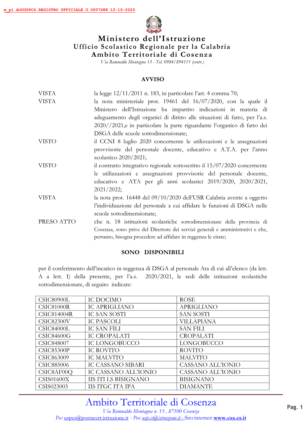 Avviso Reggenze DSGA 09-10-2020