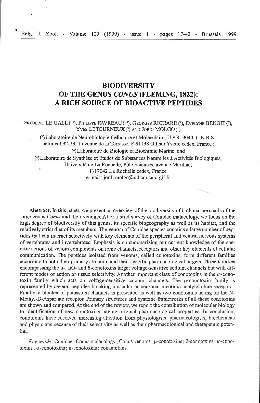 Biodiversity of the Genus Conus (Fleming, 1822): a Rich Source of Bioactive Peptides