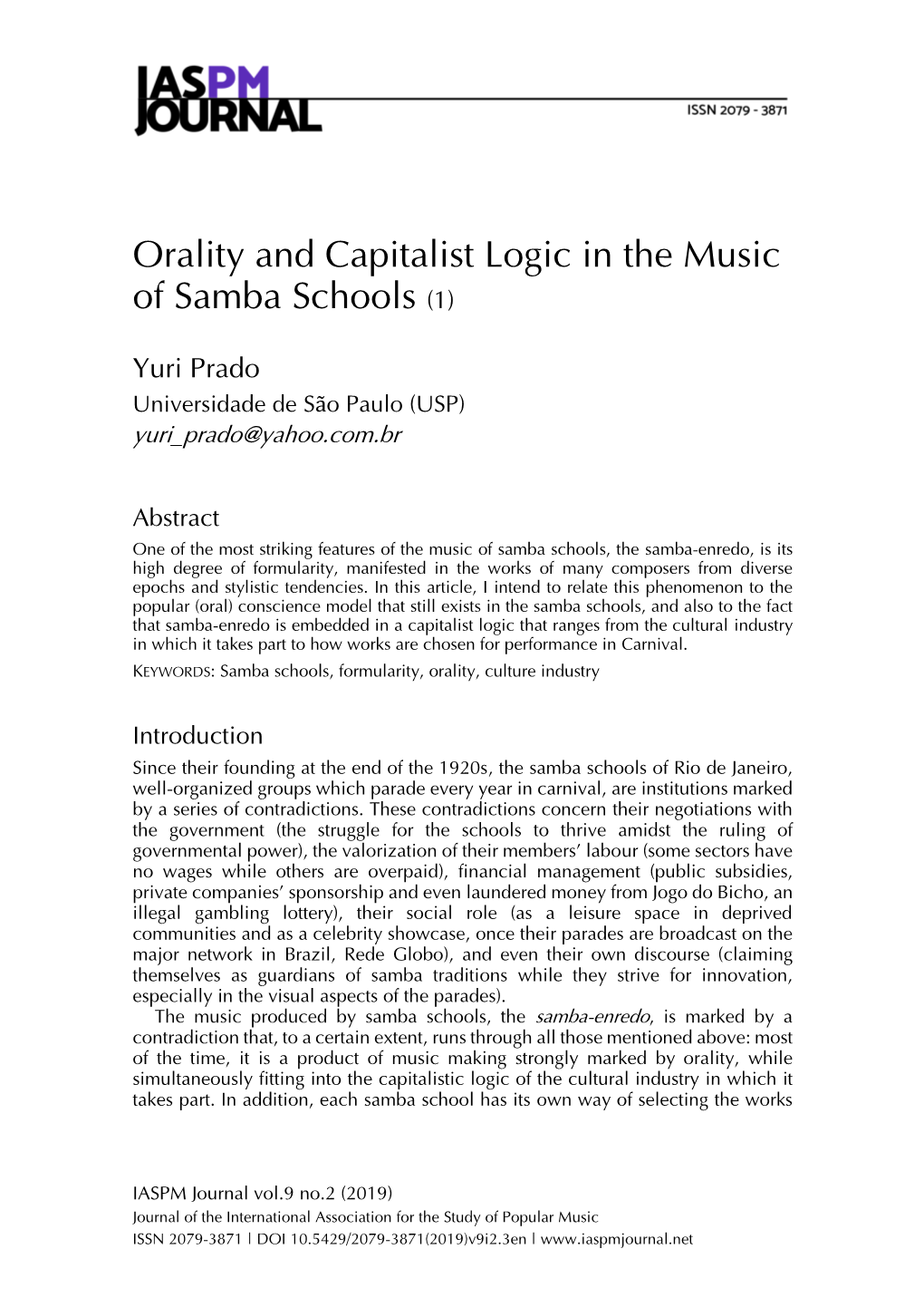 Orality and Capitalist Logic in the Music of Samba Schools (1)