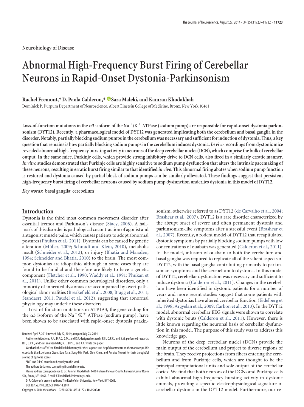 Abnormal High-Frequency Burst Firing of Cerebellar Neurons in Rapid-Onset Dystonia-Parkinsonism