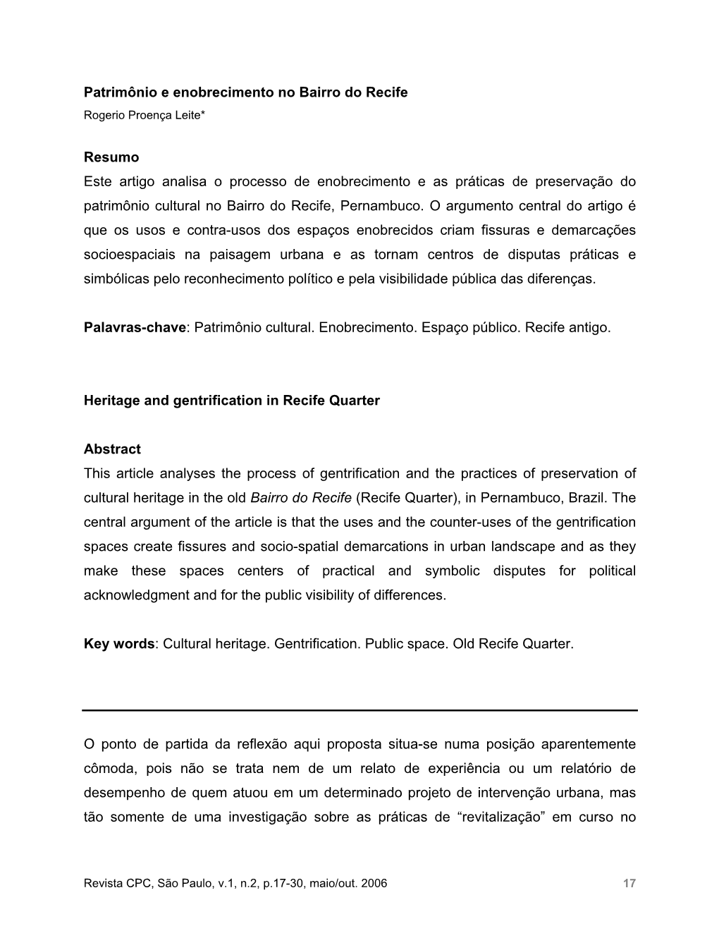 Patrimônio E Enobrecimento No Bairro Do Recife Rogerio Proença Leite*