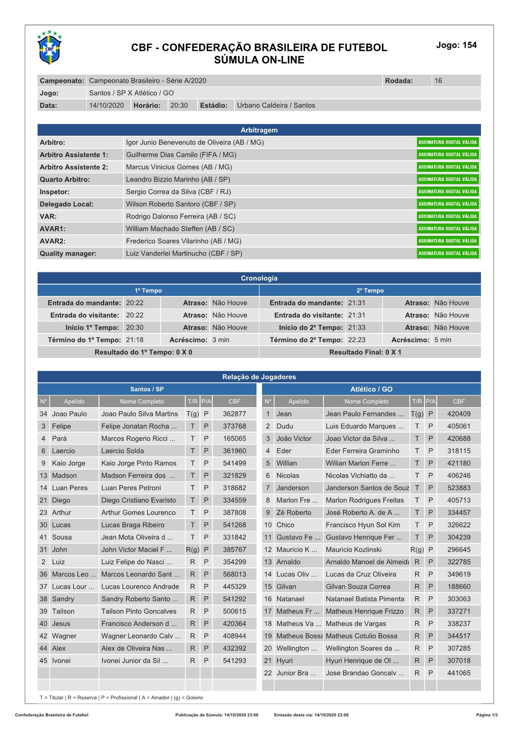 CBF - CONFEDERAÇÃO BRASILEIRA DE FUTEBOL Jogo: 154 SÚMULA ON-LINE