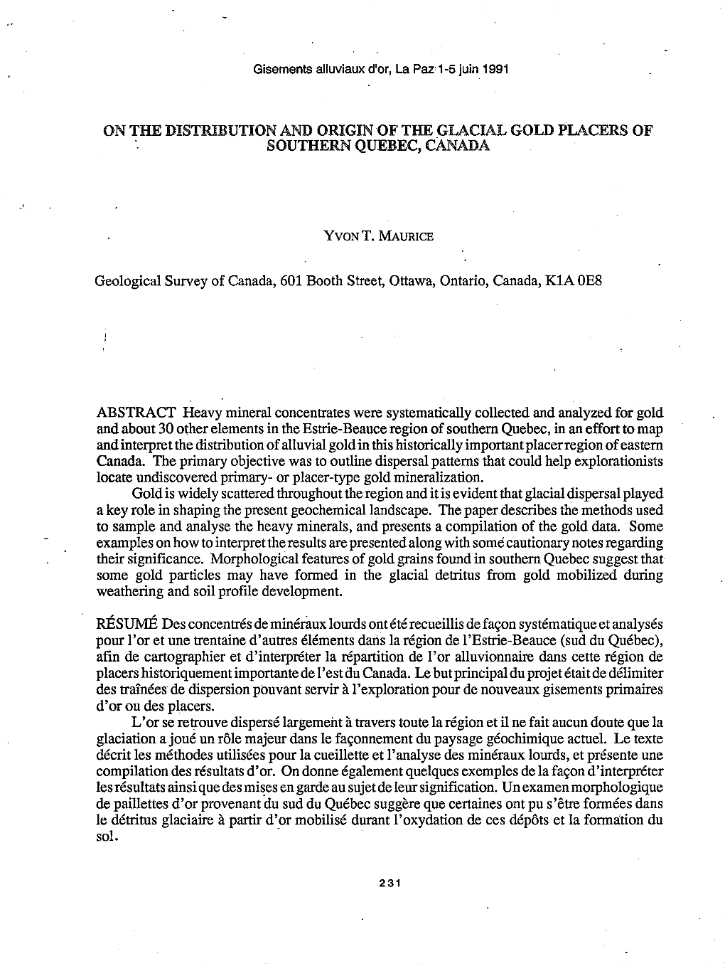 On the Distribution and Origin of the Glacial Gold Placers of Southern