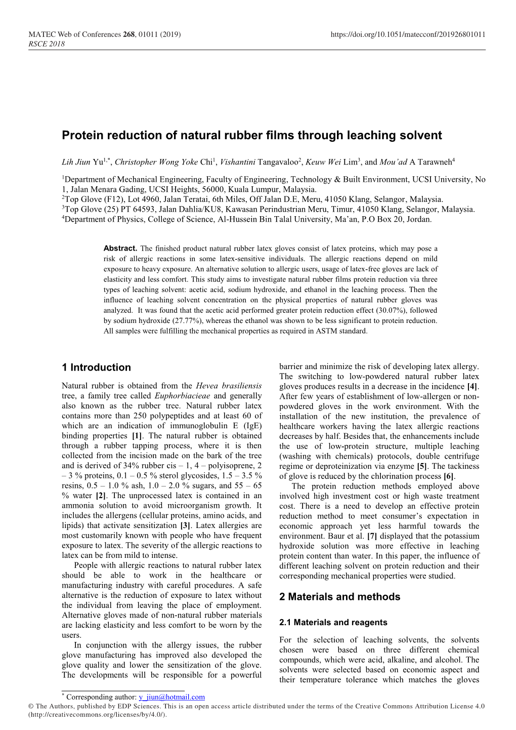 Protein Reduction of Natural Rubber Films Through Leaching Solvent