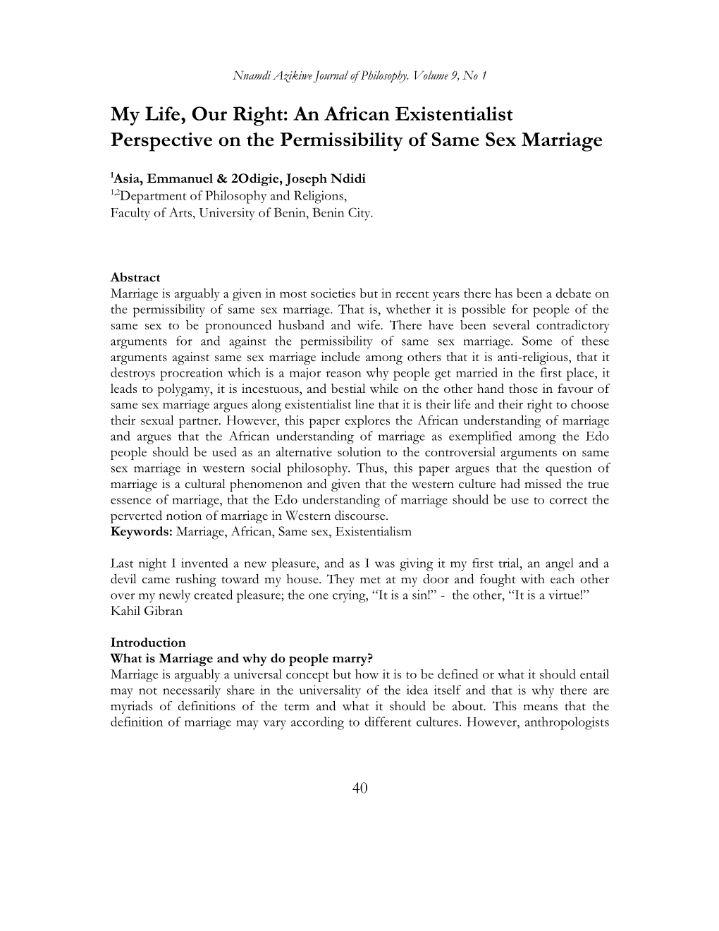 An African Existentialist Perspective on the Permissibility of Same Sex Marriage