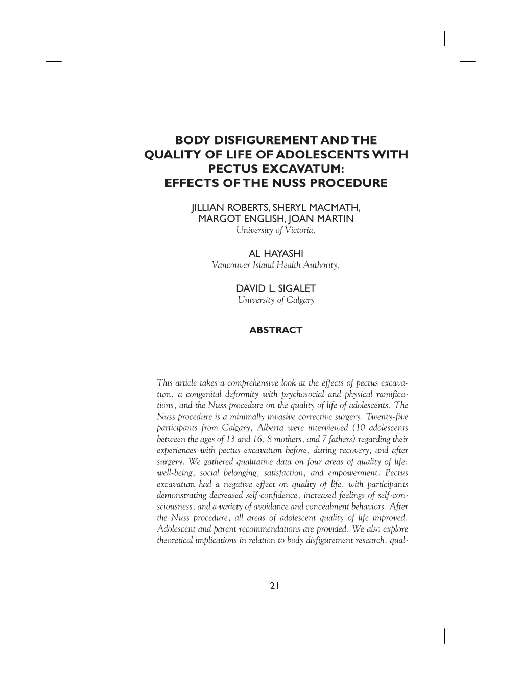 Body Disfigurement and the Quality of Life of Adolescents with Pectus Excavatum: Effects of the Nuss Procedure