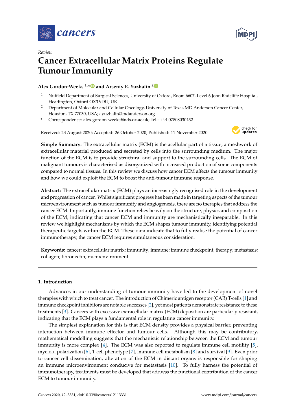 Cancer Extracellular Matrix Proteins Regulate Tumour Immunity