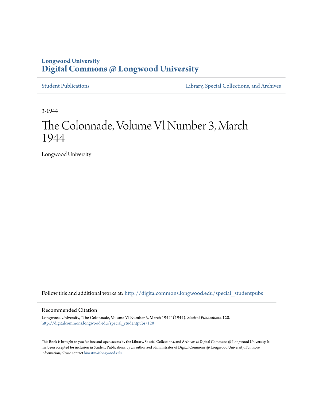 The Colonnade, Volume Vl Number 3, March 1944