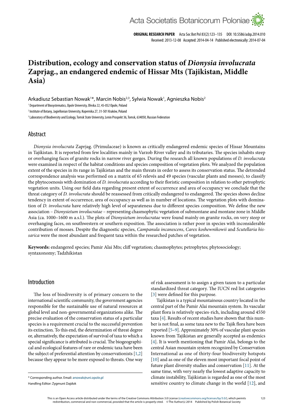 Distribution, Ecology and Conservation Status of Dionysia Involucrata Zaprjag., an Endangered Endemic of Hissar Mts (Tajikistan, Middle Asia)