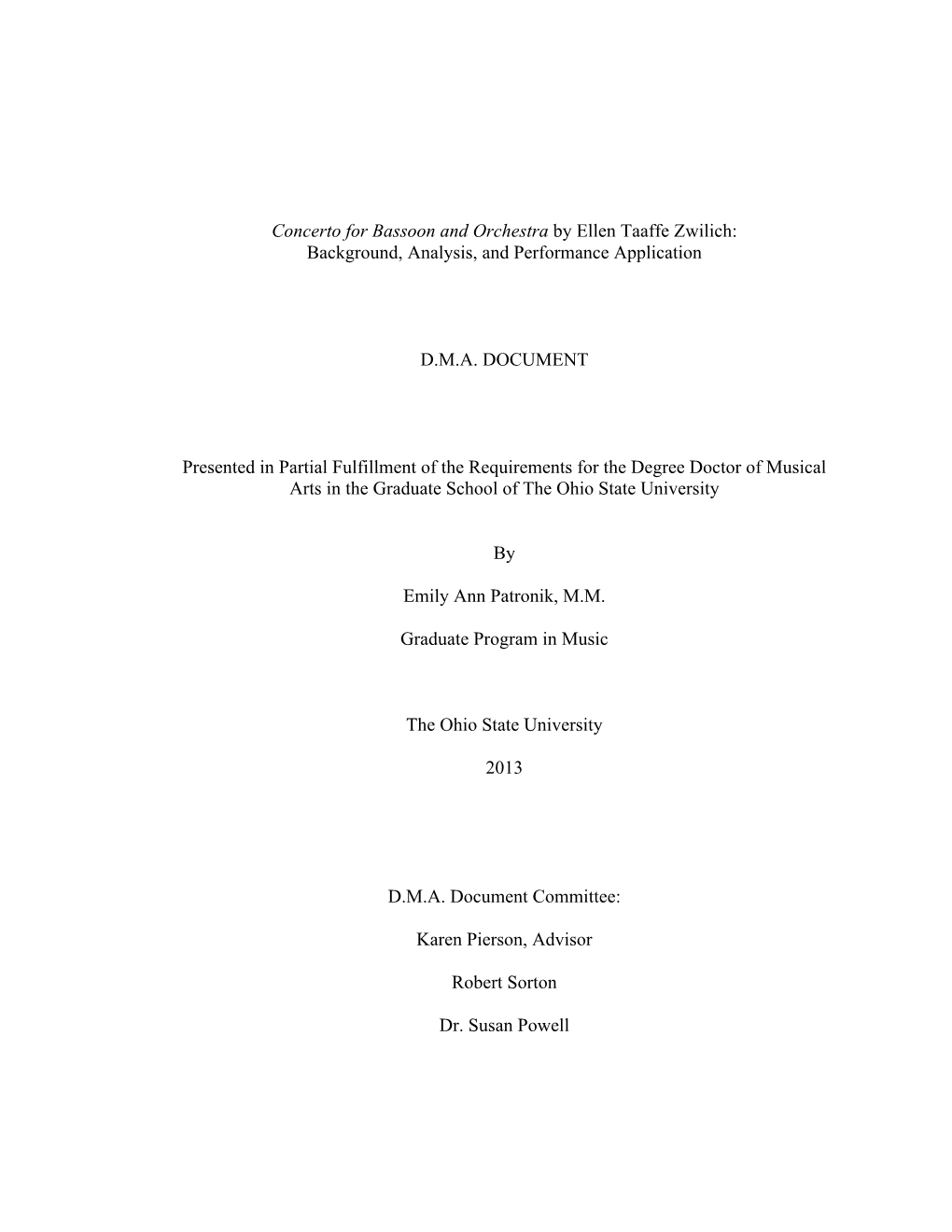 Concerto for Bassoon and Orchestra by Ellen Taaffe Zwilich: Background, Analysis, and Performance Application