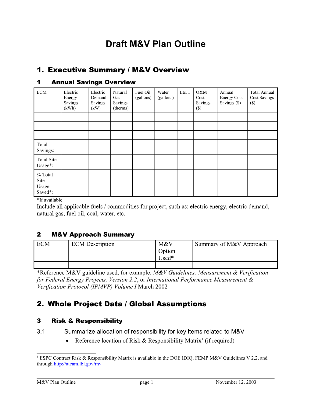 Draft M&V Plan Outline