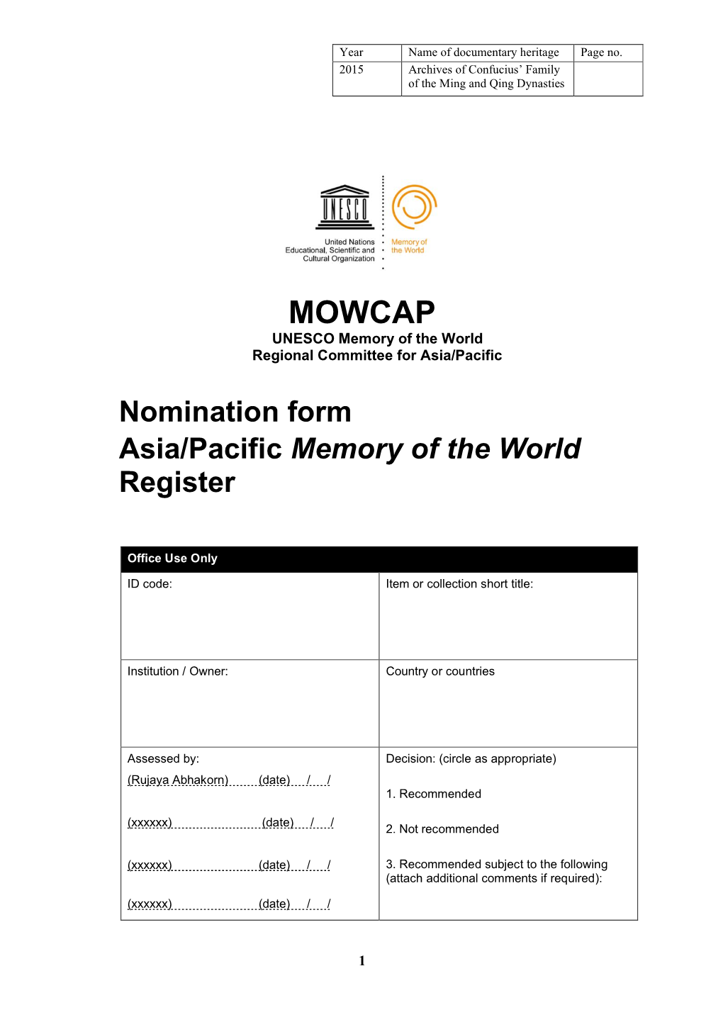 Nomination Form Asia/Pacific Memory of the World Register