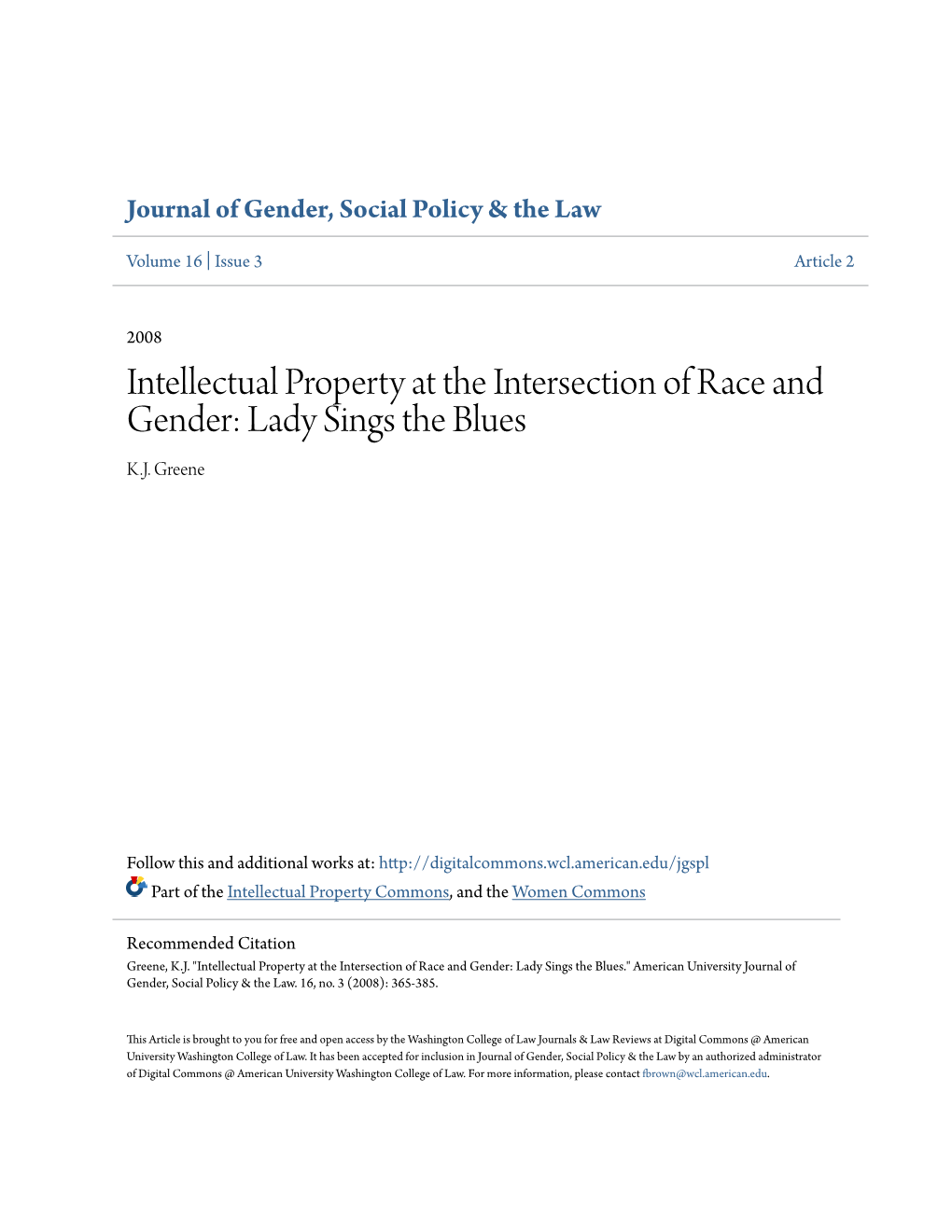 Intellectual Property at the Intersection of Race and Gender: Lady Sings the Blues K.J