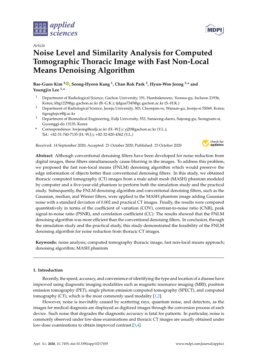 Noise Level and Similarity Analysis for Computed Tomographic Thoracic Image with Fast Non-Local Means Denoising Algorithm