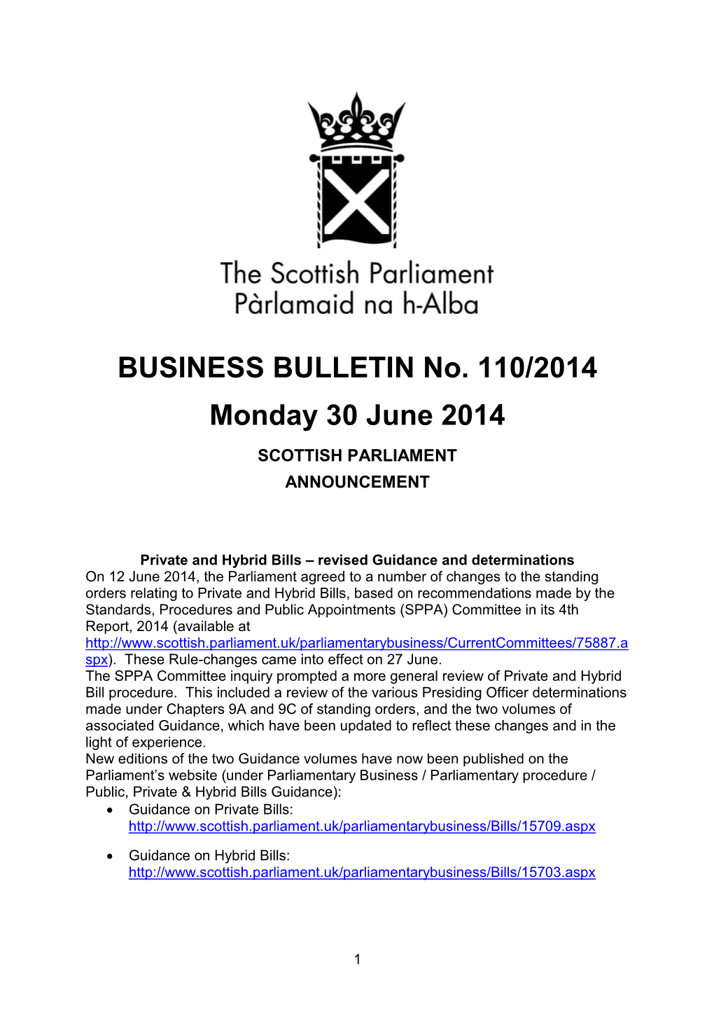 BUSINESS BULLETIN No. 110/2014 Monday 30 June 2014