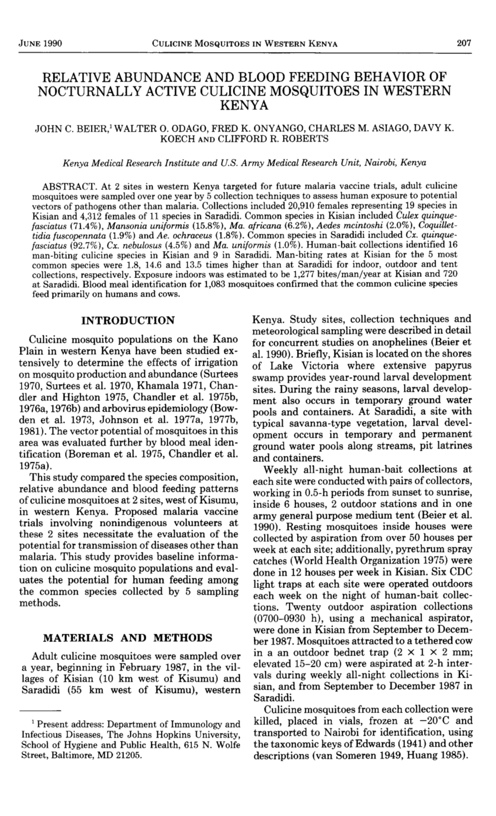 Relative Abundance and Blood Feeding Behavior of Nocturnally Active