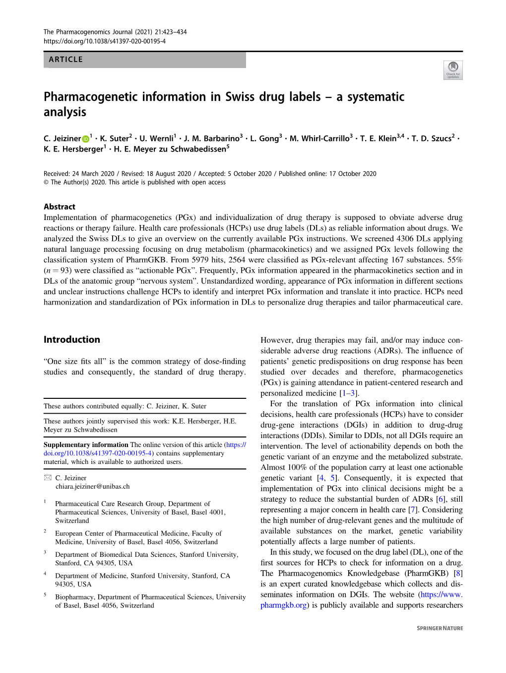 Pharmacogenetic Information in Swiss Drug Labels Â€“ a Systematic Analysis