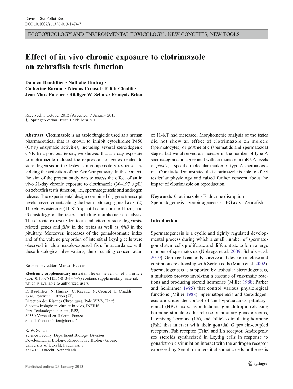 Effect of in Vivo Chronic Exposure to Clotrimazole on Zebrafish Testis Function