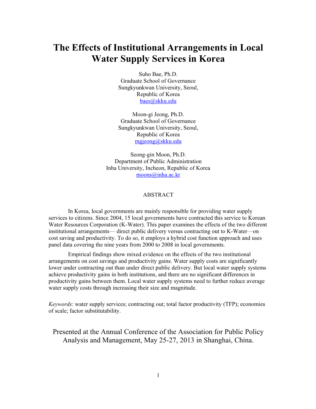 The Effects of Institutional Arrangements in Local Water Supply Services in Korea