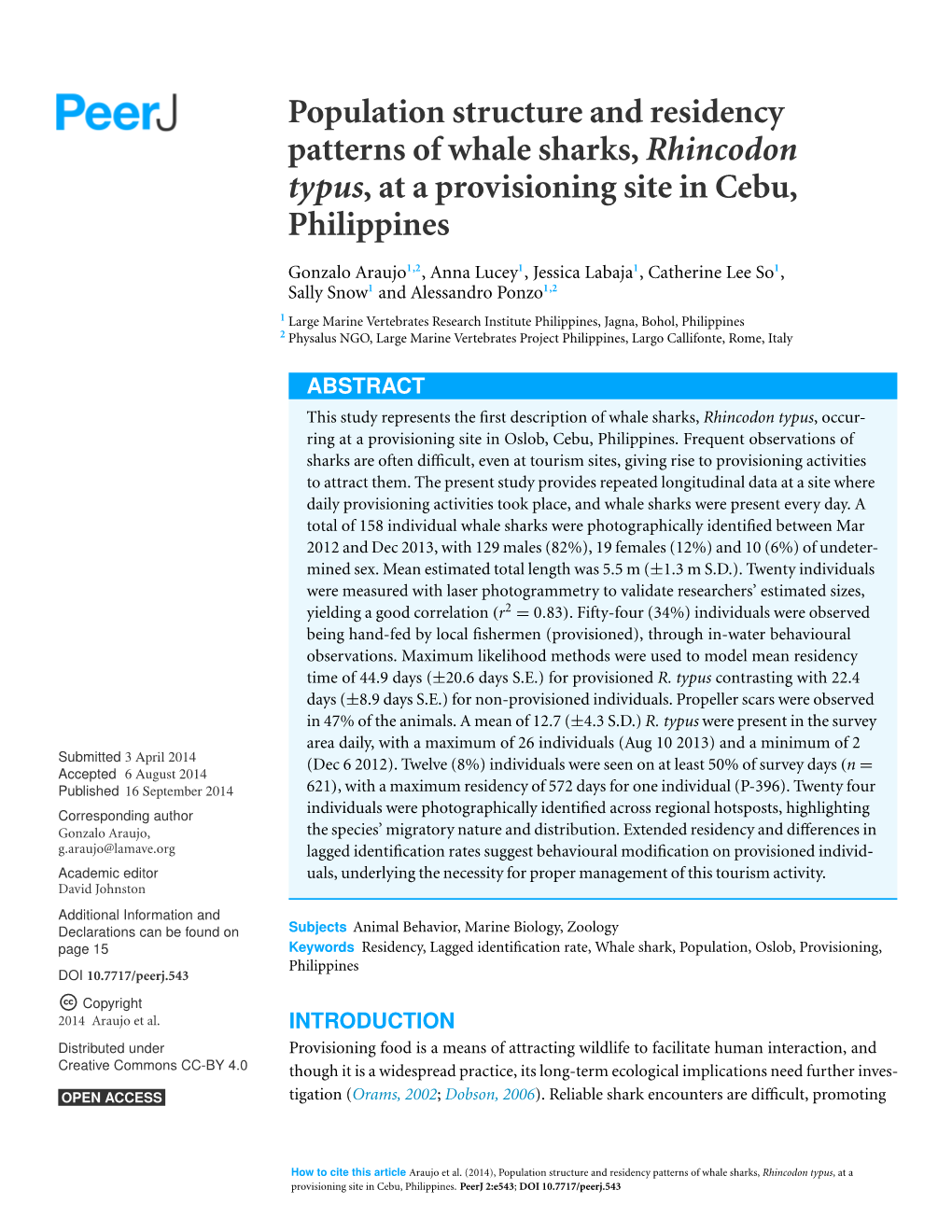 Population Structure and Residency Patterns of Whale Sharks, Rhincodon Typus, at a Provisioning Site in Cebu, Philippines