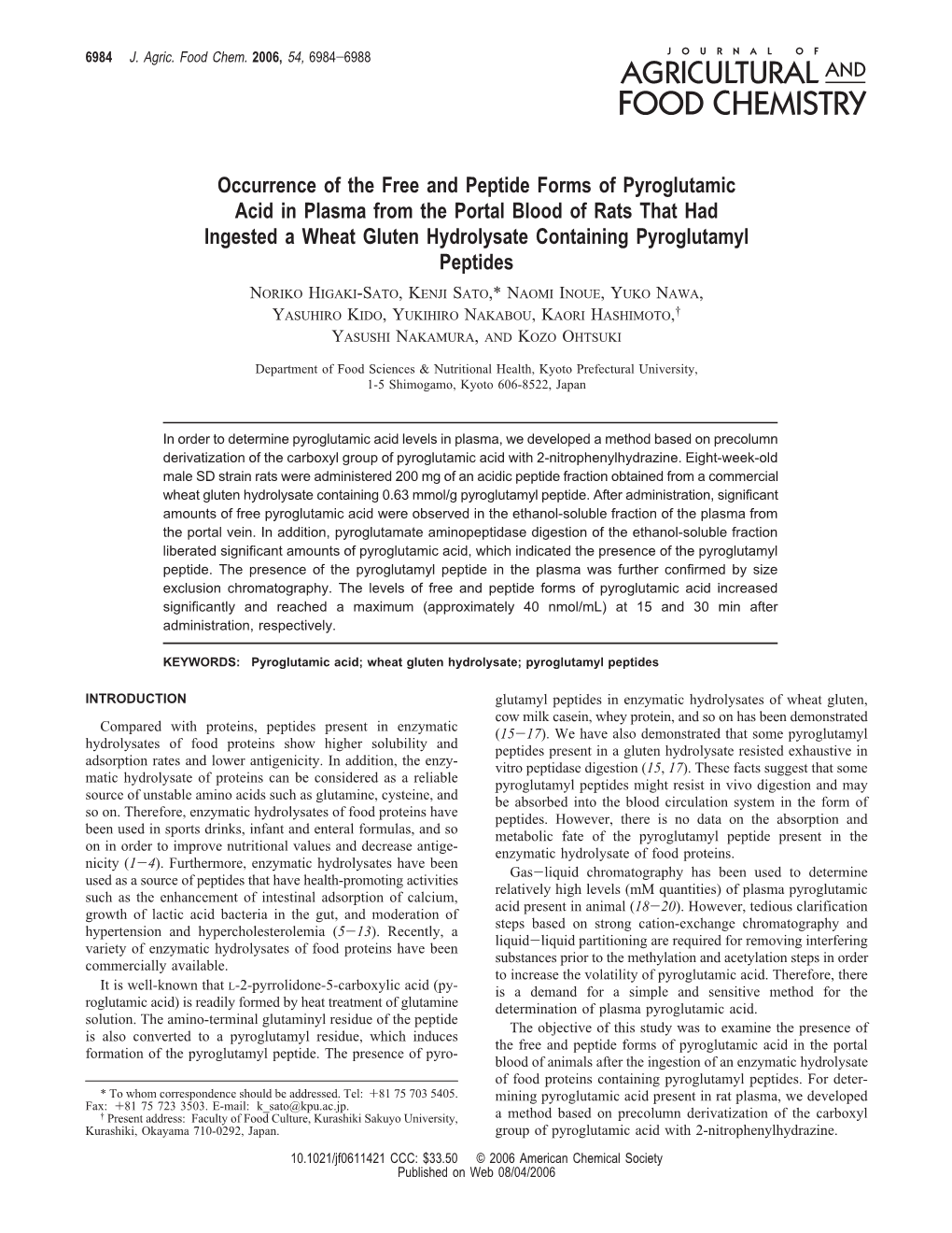 Occurrence of the Free and Peptide Forms of Pyroglutamic Acid In