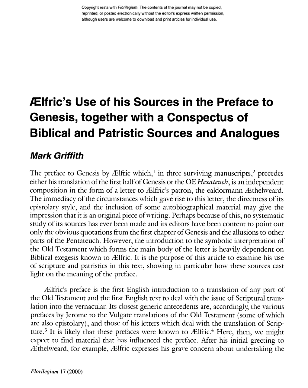 Elfric's Use of His Sources in the Preface to Genesis, Together with a Conspectus of Biblical and Patristic Sources and Analogues