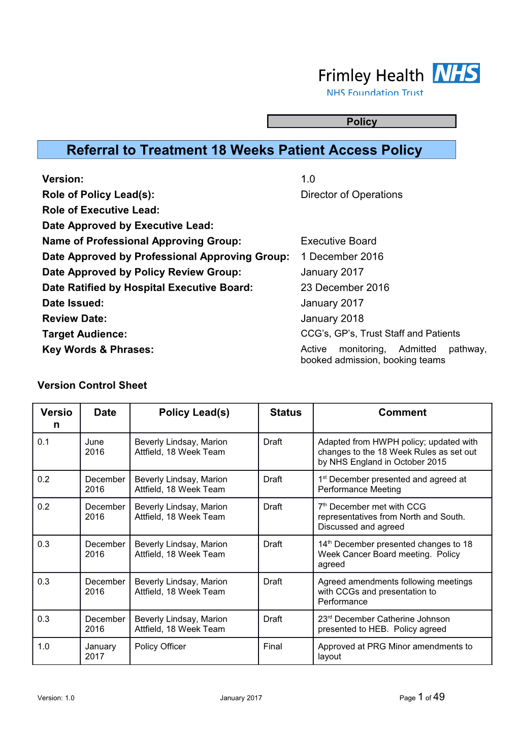 Version Control Sheet