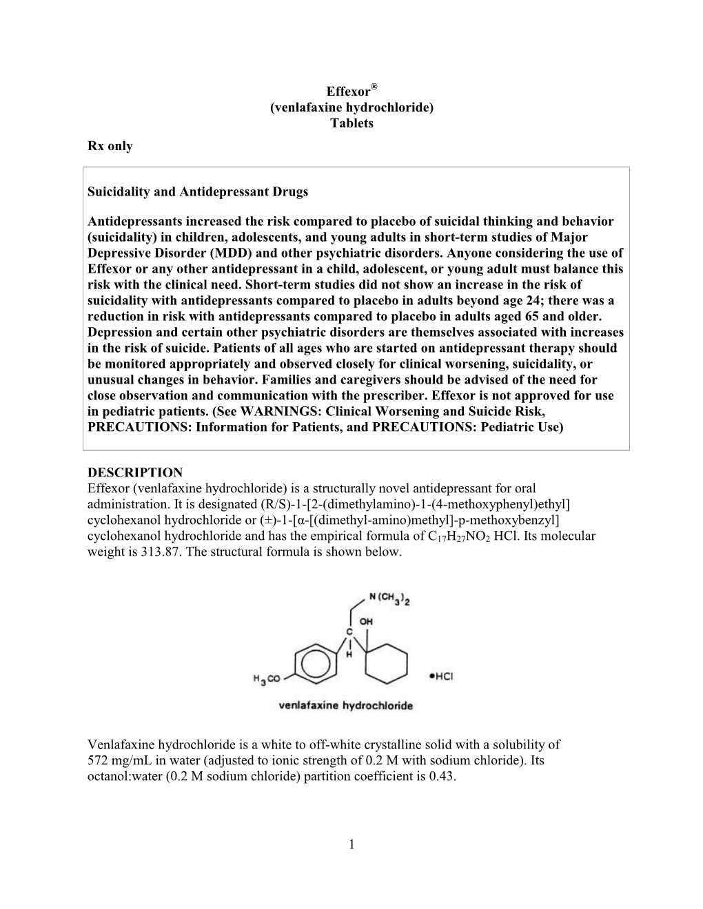 Effexor (Venlafaxine Hydrochloride) Label