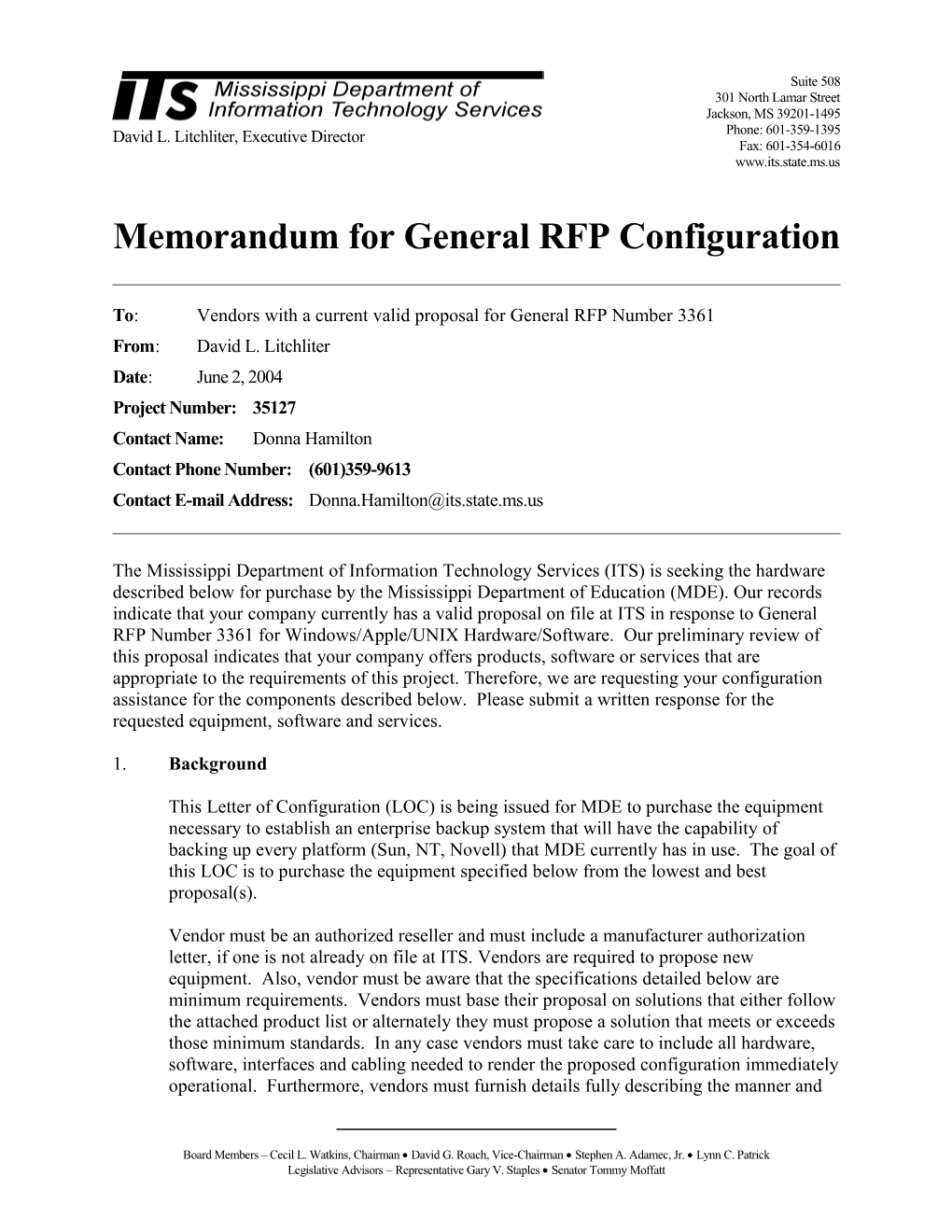 Memorandum for General RFP Configuration s15