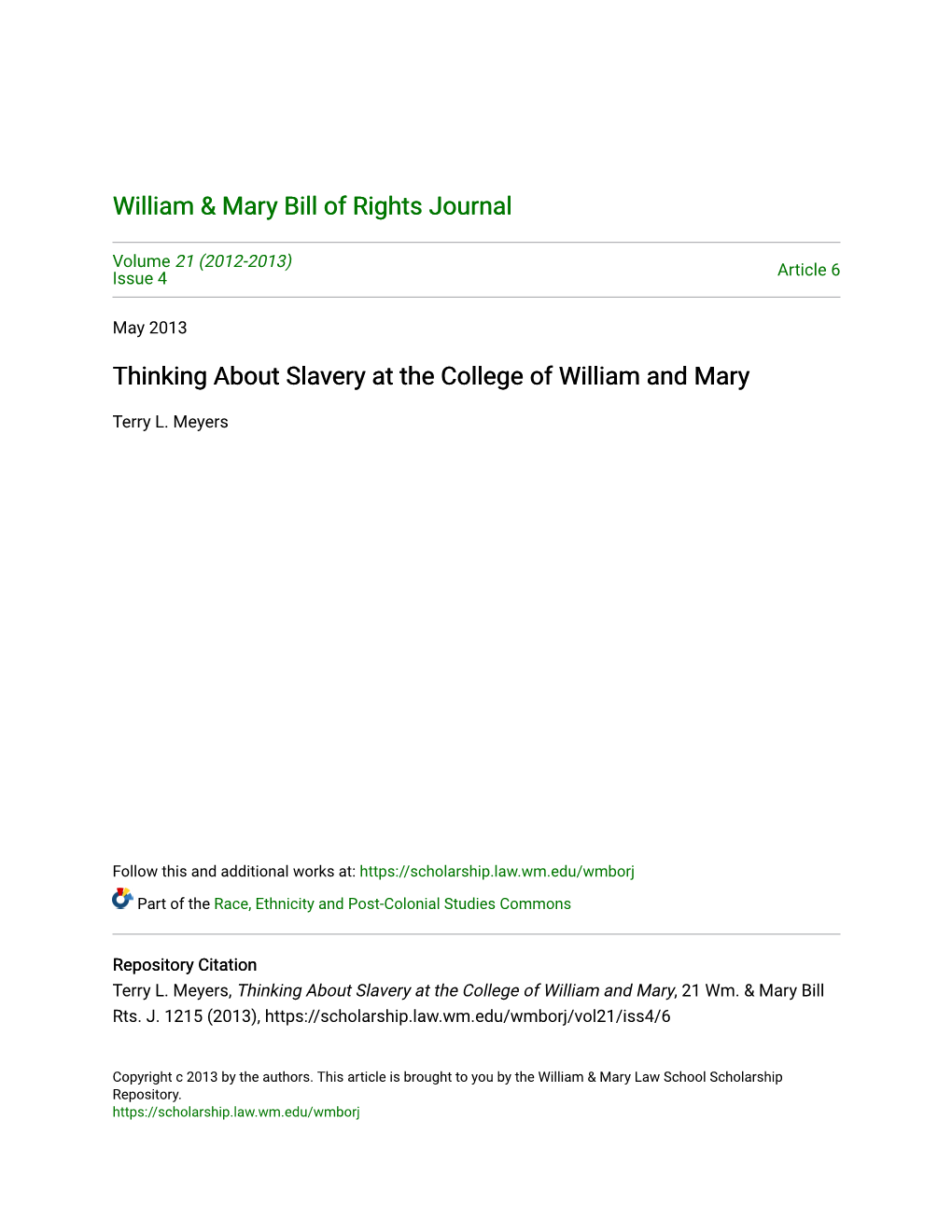 Thinking About Slavery at the College of William and Mary