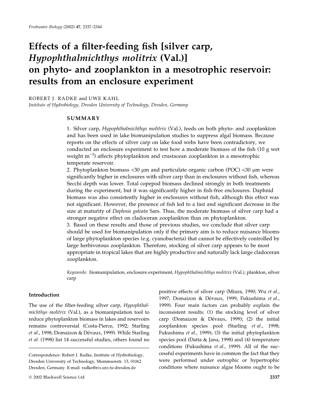 Effects of a Filter-Feeding Fish [Silver Carp, Hypophthalmichthys Molitrix