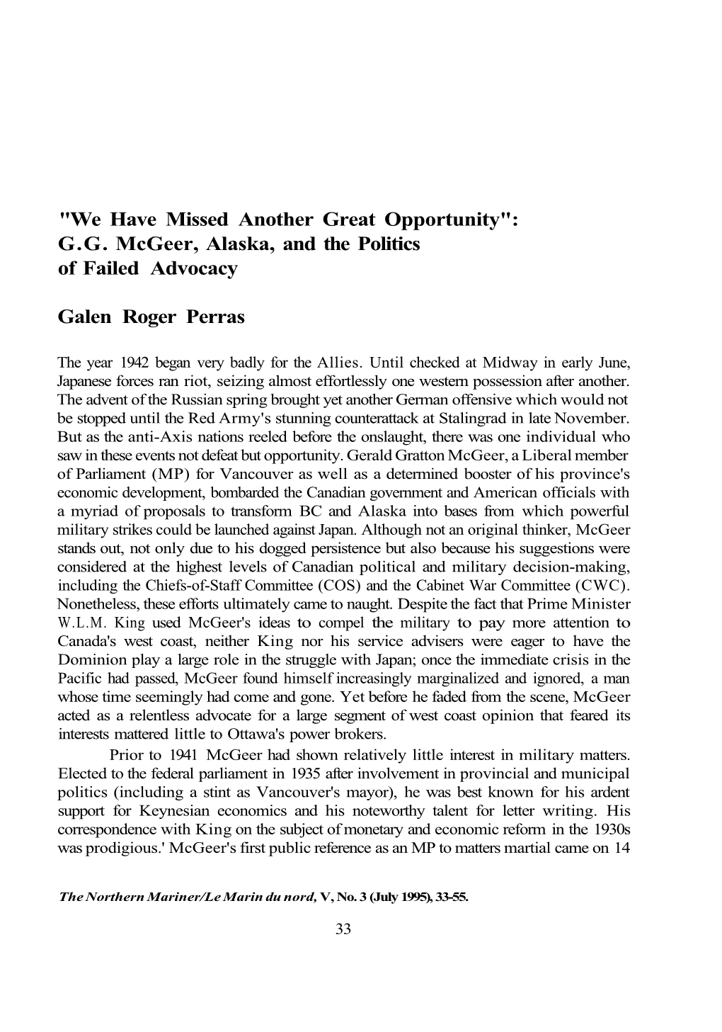 GG Mcgeer, Alaska, and the Politics of Failed Advocacy Galen Roger Perra