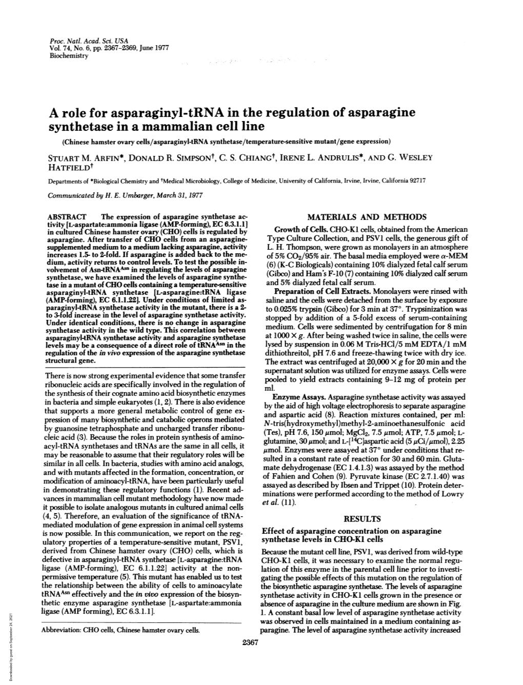 A Role for Asparaginyl-Trna in the Regulation of Asparagine Synthetase in a Mammalian Cell Line