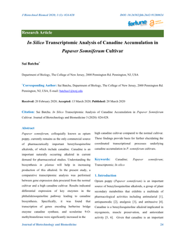 In Silico Transcriptomic Analysis of Canadine Accumulation in Papaver Somniferum Cultivar