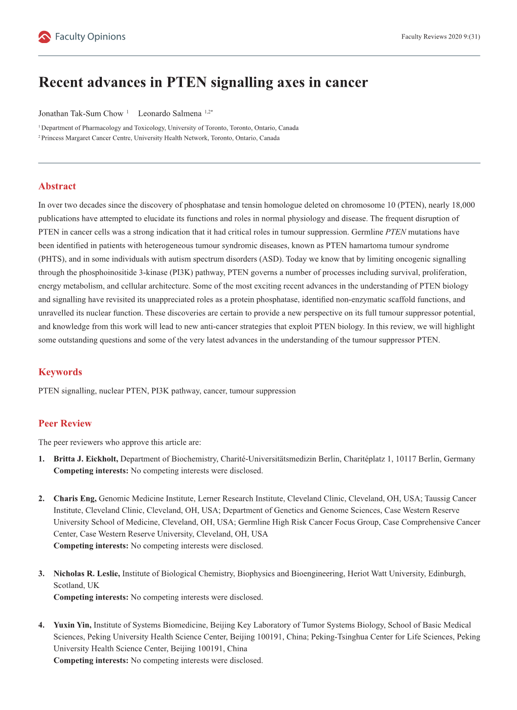 Recent Advances in PTEN Signalling Axes in Cancer