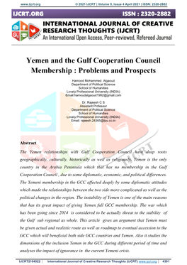 Yemen and the Gulf Cooperation Council Membership : Problems and Prospects