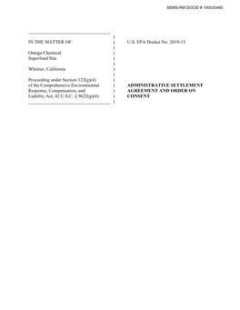 Administrative Settlement Agreement & Order on Consent, #2019-13, W