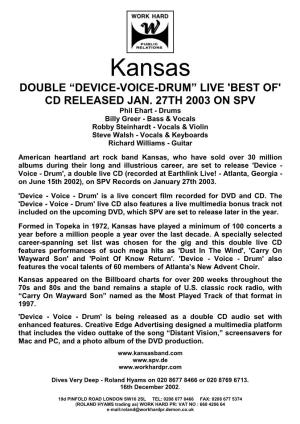 Kansas DOUBLE “DEVICE-VOICE-DRUM” LIVE 'BEST OF' CD RELEASED JAN