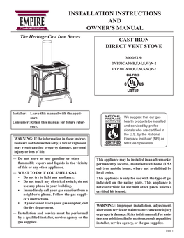 EMPIRE and Comfor T Systems OWNER's MANUAL the Heritage Cast Iron Stoves Cast Iron Direct Vent STOVE