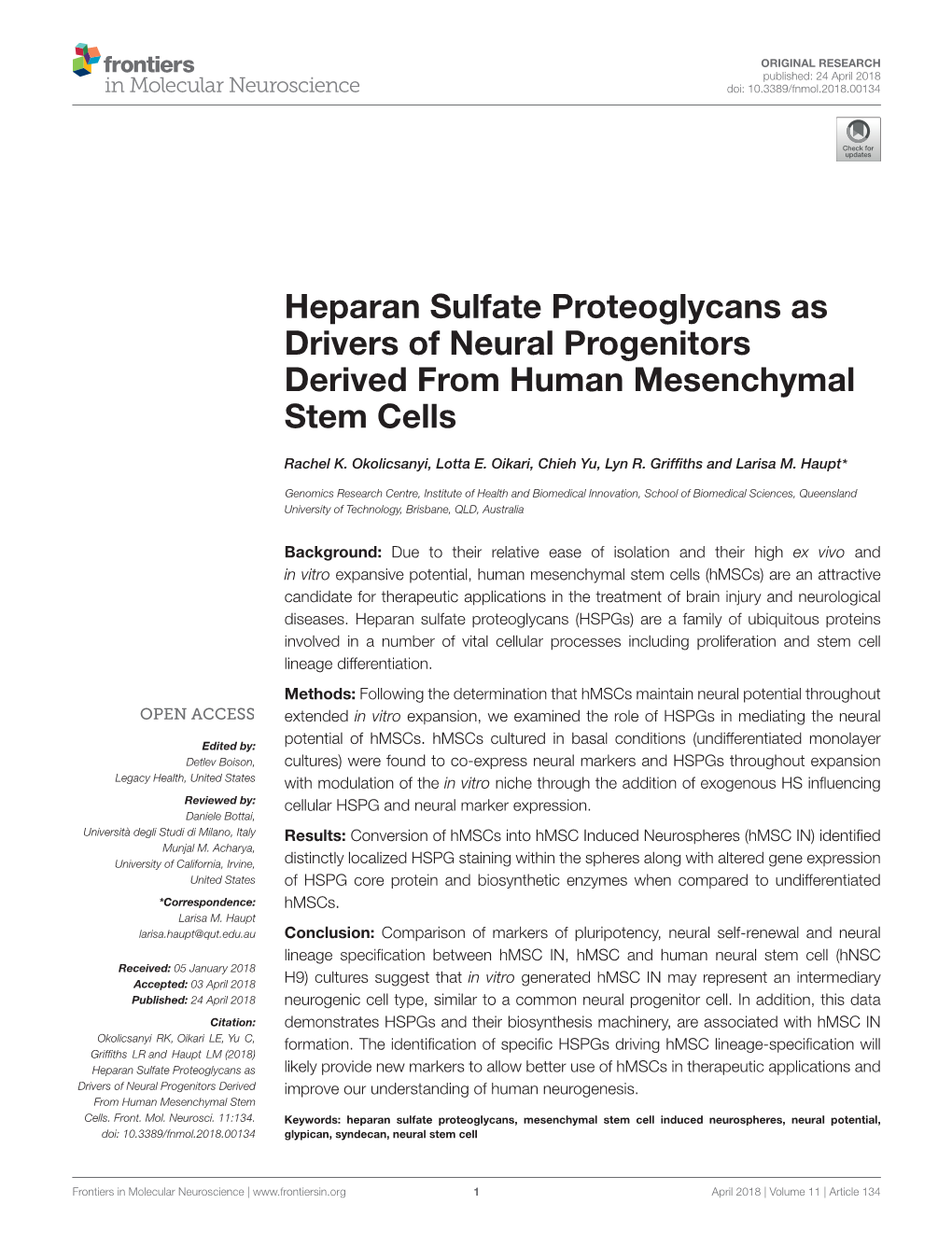 Heparan Sulfate Proteoglycans As Drivers of Neural Progenitors Derived from Human Mesenchymal Stem Cells