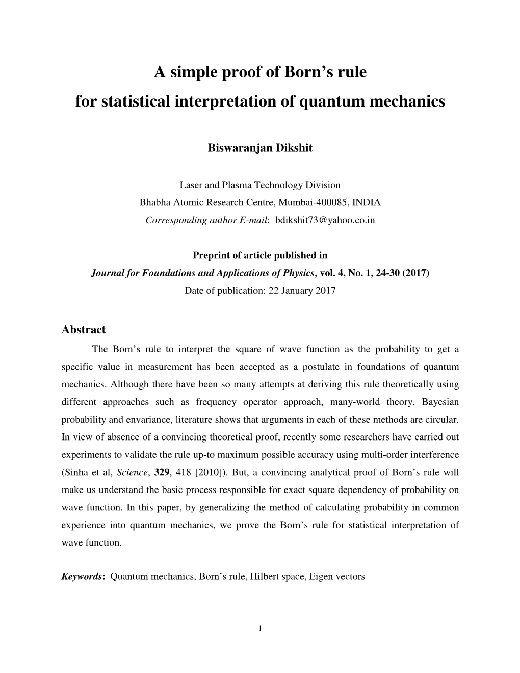 A Simple Proof of Born's Rule for Statistical Interpretation of Quantum