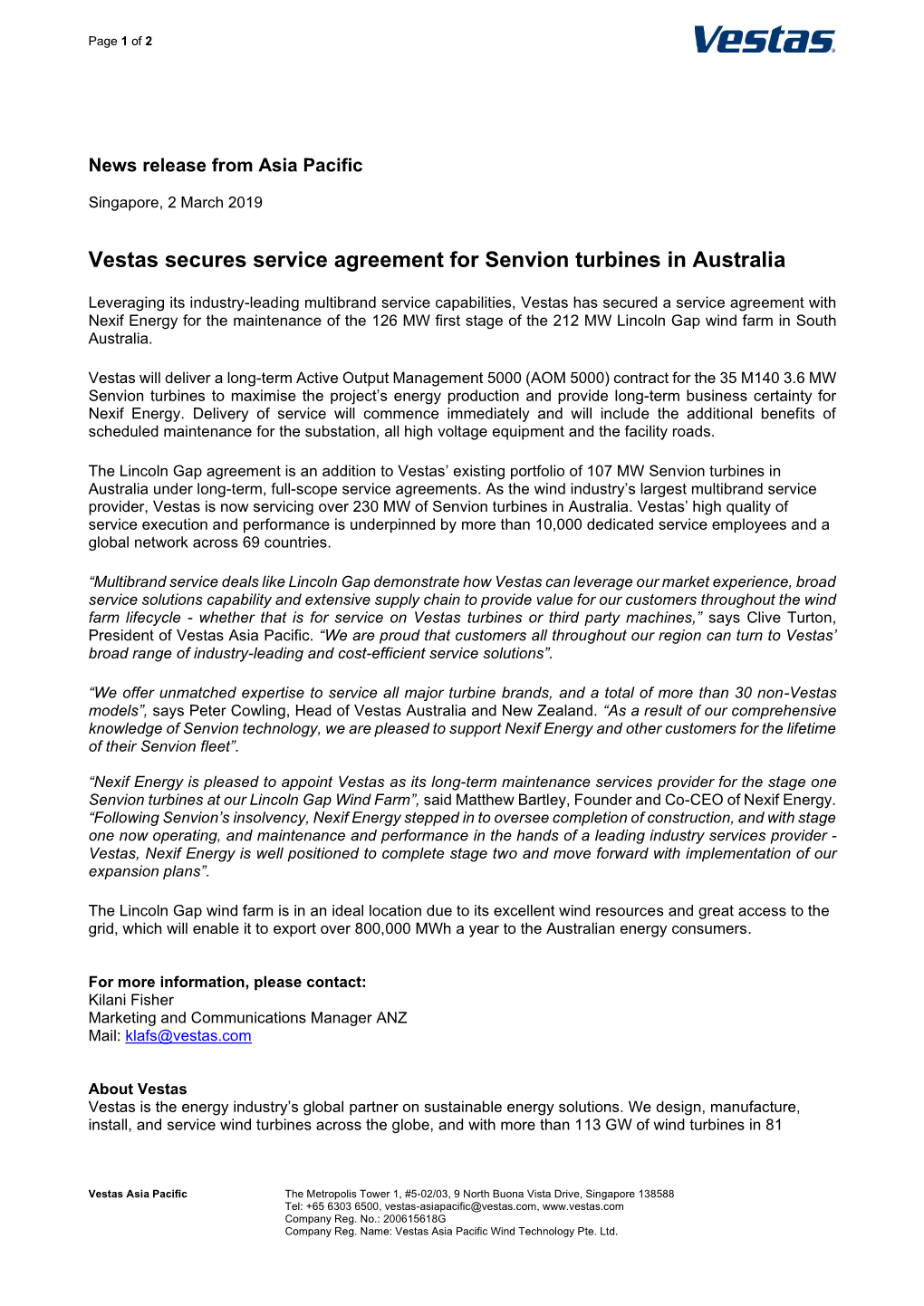 Vestas Secures Service Agreement for Senvion Turbines in Australia