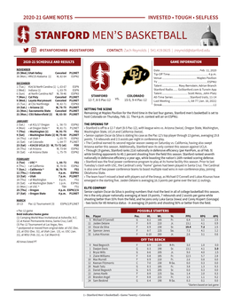 Stanford Men's Basketball Page 1/1 Team Game-By-Game As of Feb 08, 2021 All Games