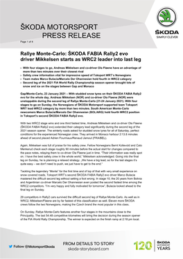 Rallye Monte-Carlo: ŠKODA FABIA Rally2 Evo Driver Mikkelsen Starts As WRC2 Leader Into Last Leg