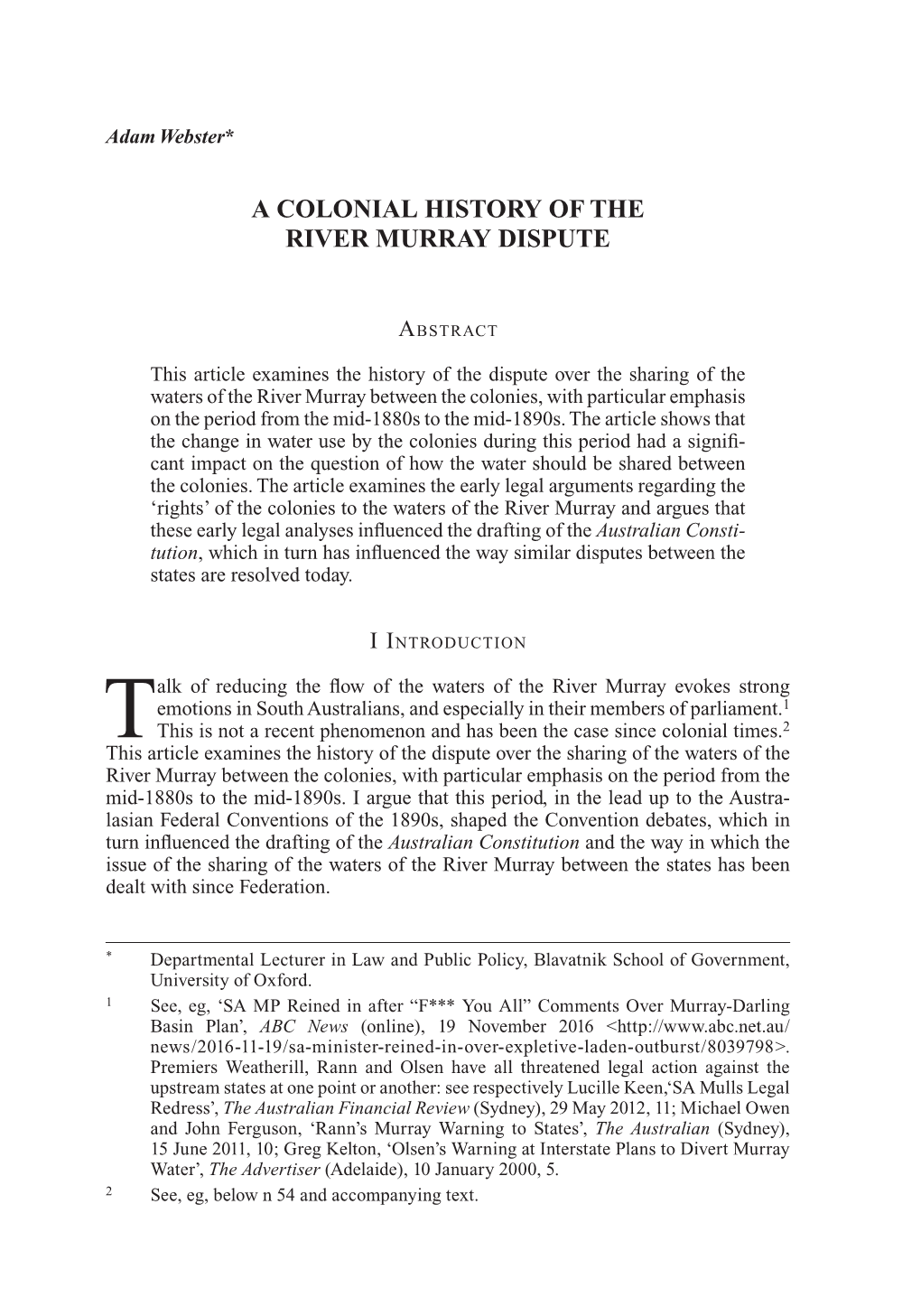 A Colonial History of the River Murray Dispute