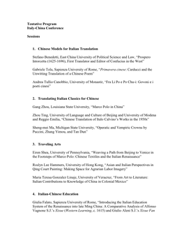 Tentative Program Italy-China Conference Sessions 1. Chinese