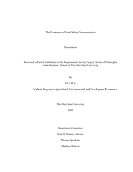 The Economics of Food Safety Communication Dissertation Presented in Partial Fulfillment of the Requirements for the Degree Doct