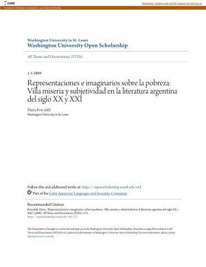 Representaciones E Imaginarios Sobre La Pobreza: Villa Miseria Y Subjetividad En La Literatura Argentina Del Siglo XX Y
