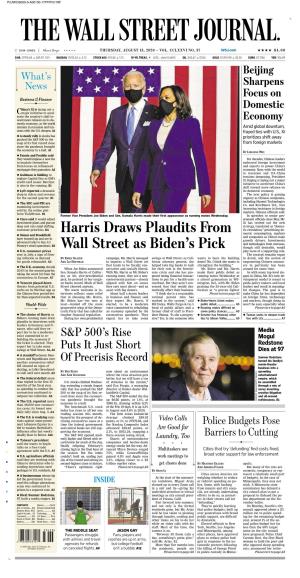 Harris Draws Plaudits from Wall Street As Biden's Pick