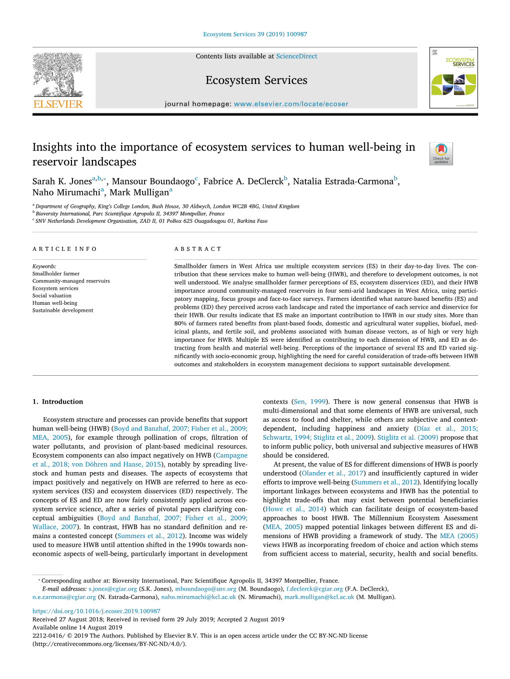 Insights Into the Importance of Ecosystem Services to Human Well-Being in T Reservoir Landscapes ⁎ Sarah K